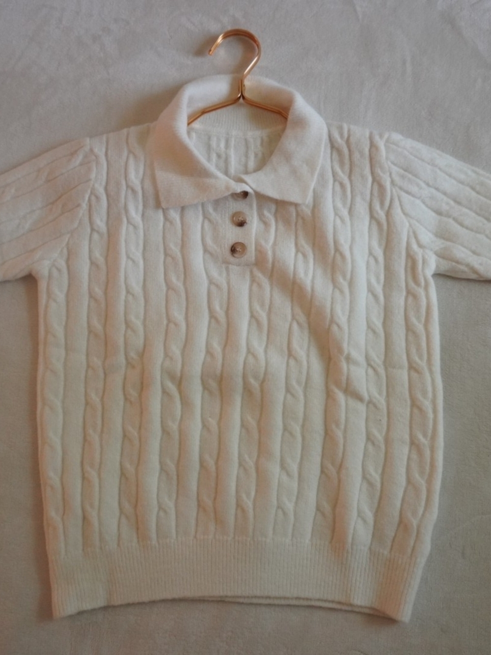Classic Cable-Knit Polo Sweater in Cream Autumn Fall Collared Sweater Size M